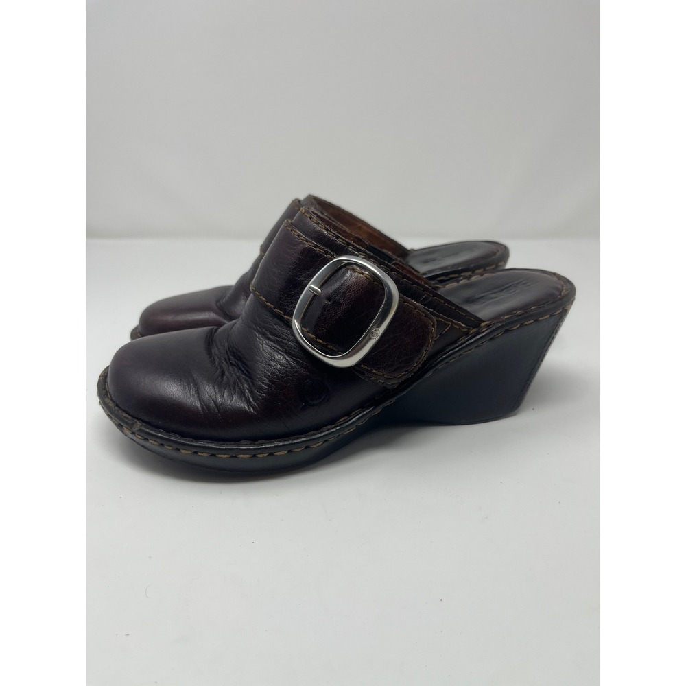 Born Leather Buckle Wedge Clog Mules Women 6 Dark Brown Y2K Boho Rustic Earthy